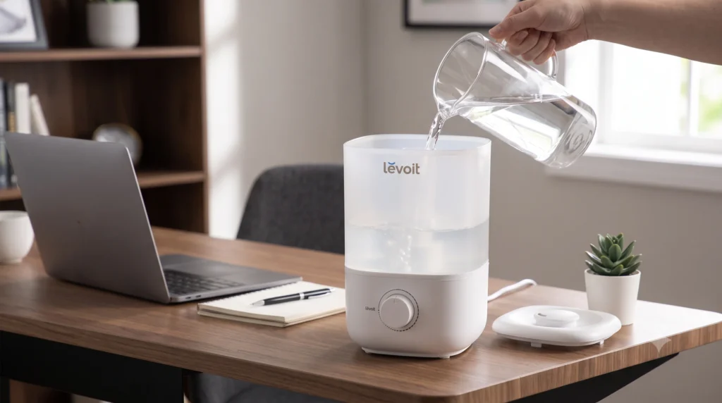 Levoit Classic 160 Manual & Troubleshooting Guide 3 Pouring distilled water directly into the top of the Levoit Classic 160 water tank